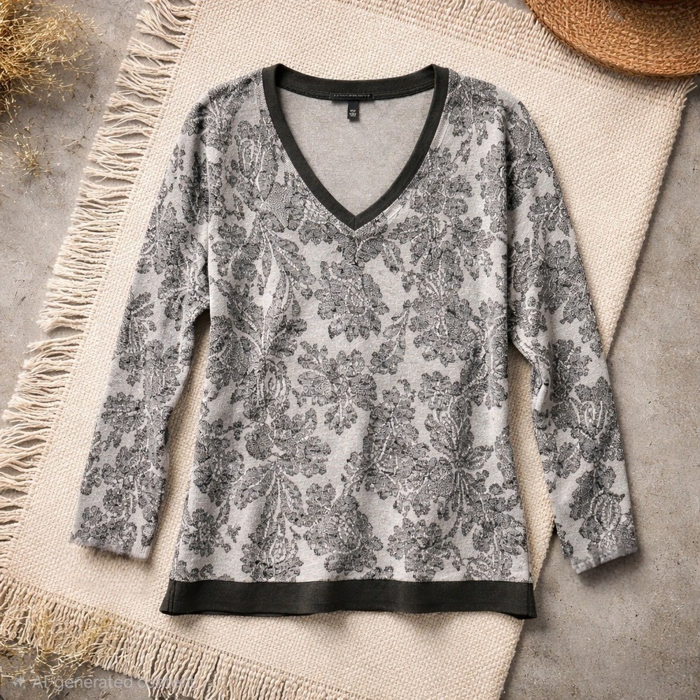 Lane Bryant Grey Black Floral Lace Print V-Neck Knit Sweater Plus Size 18/20